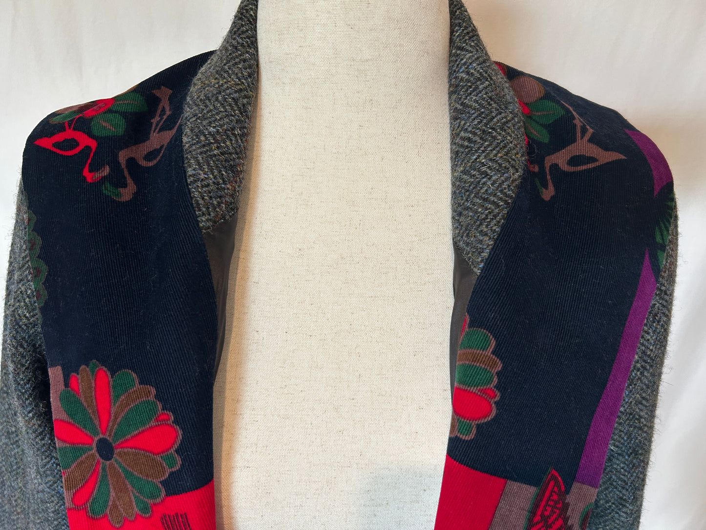 Calla Jacket in an Oriental-patterned Corduroy w Purple Harris Tweed