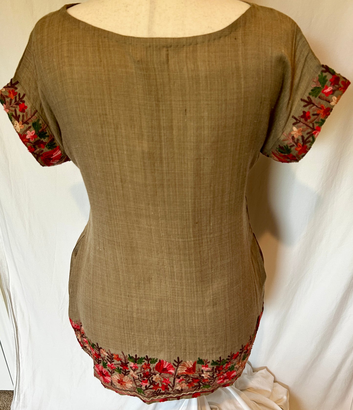 Calia Shawl Shirt in Tan Lambs Wool with Floral Kashmiri Embroidery