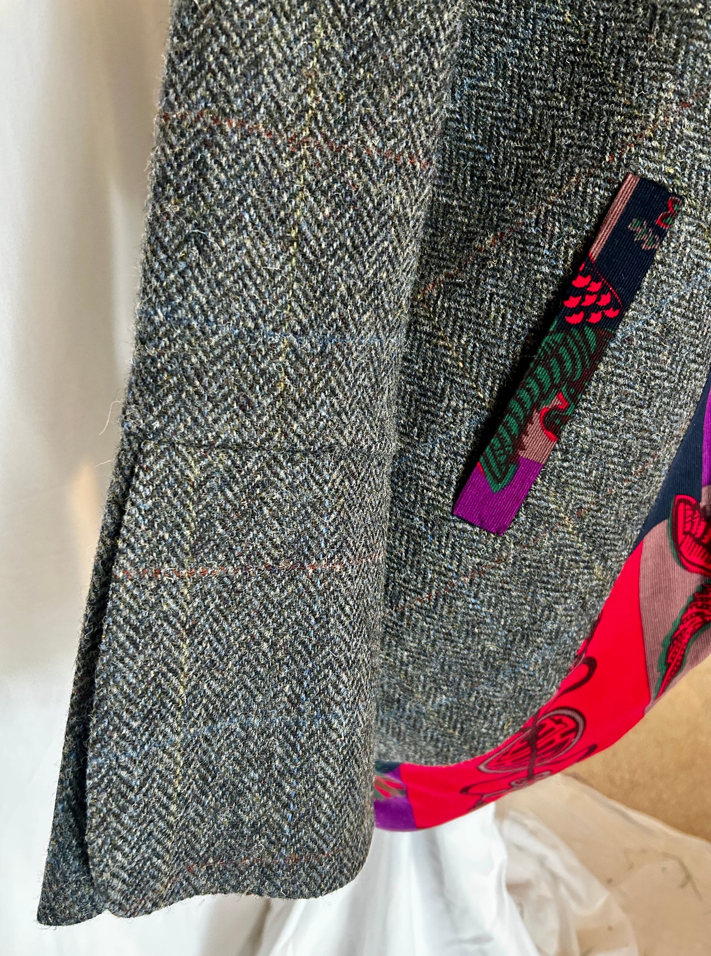 Calla Jacket in an Oriental-patterned Corduroy w Purple Harris Tweed