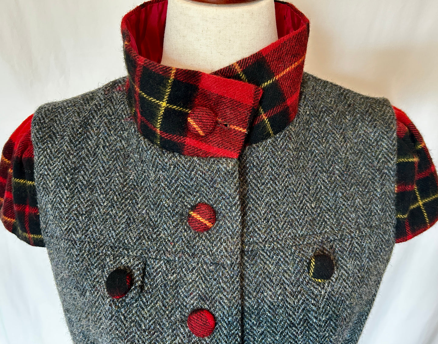 Hollyhock Jacket, Grey Harris Tweed with Red Plaid Cashmere accents