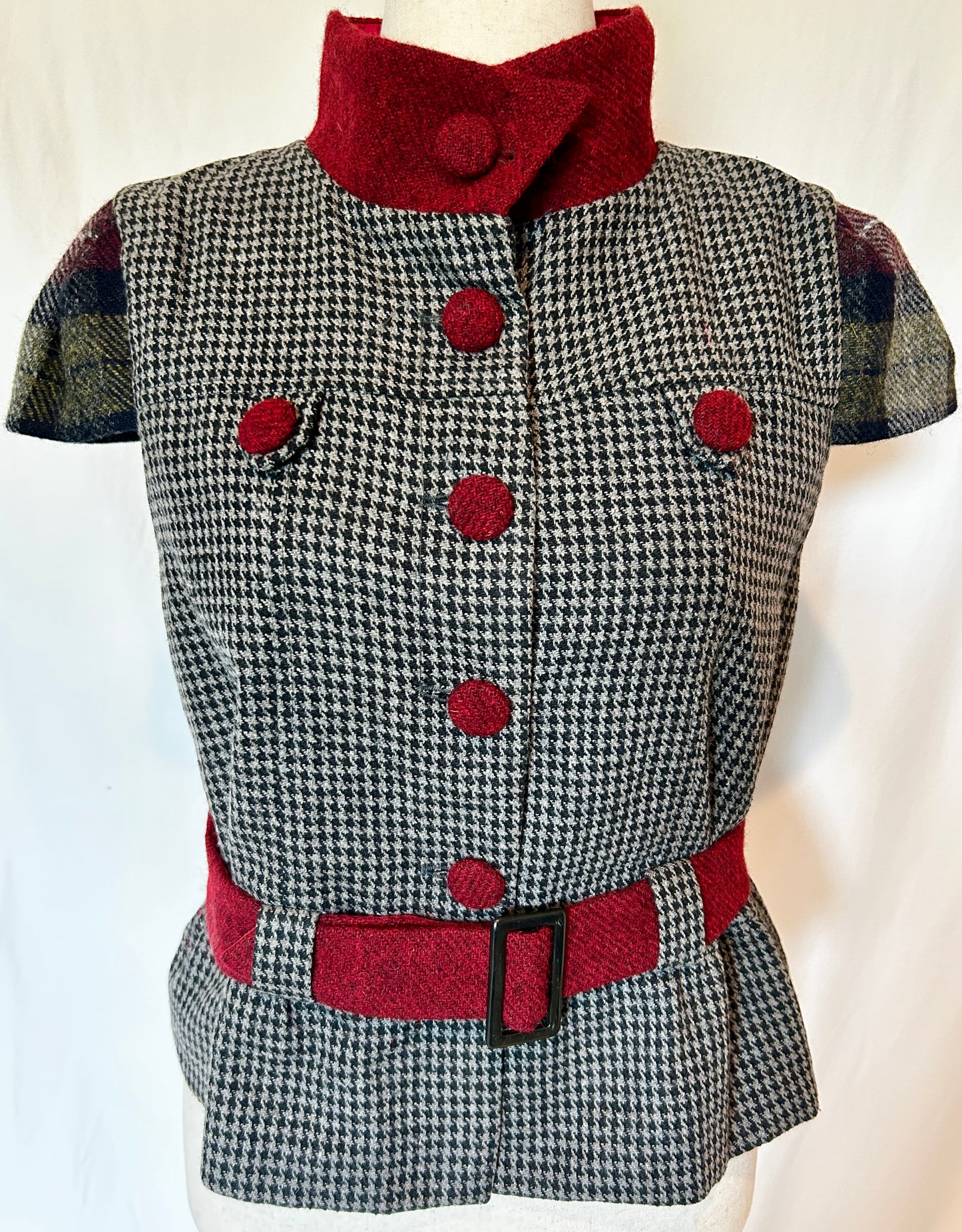 Hollyhock Jacket, Grey Harris Tweed with Burgundy Plaid accents