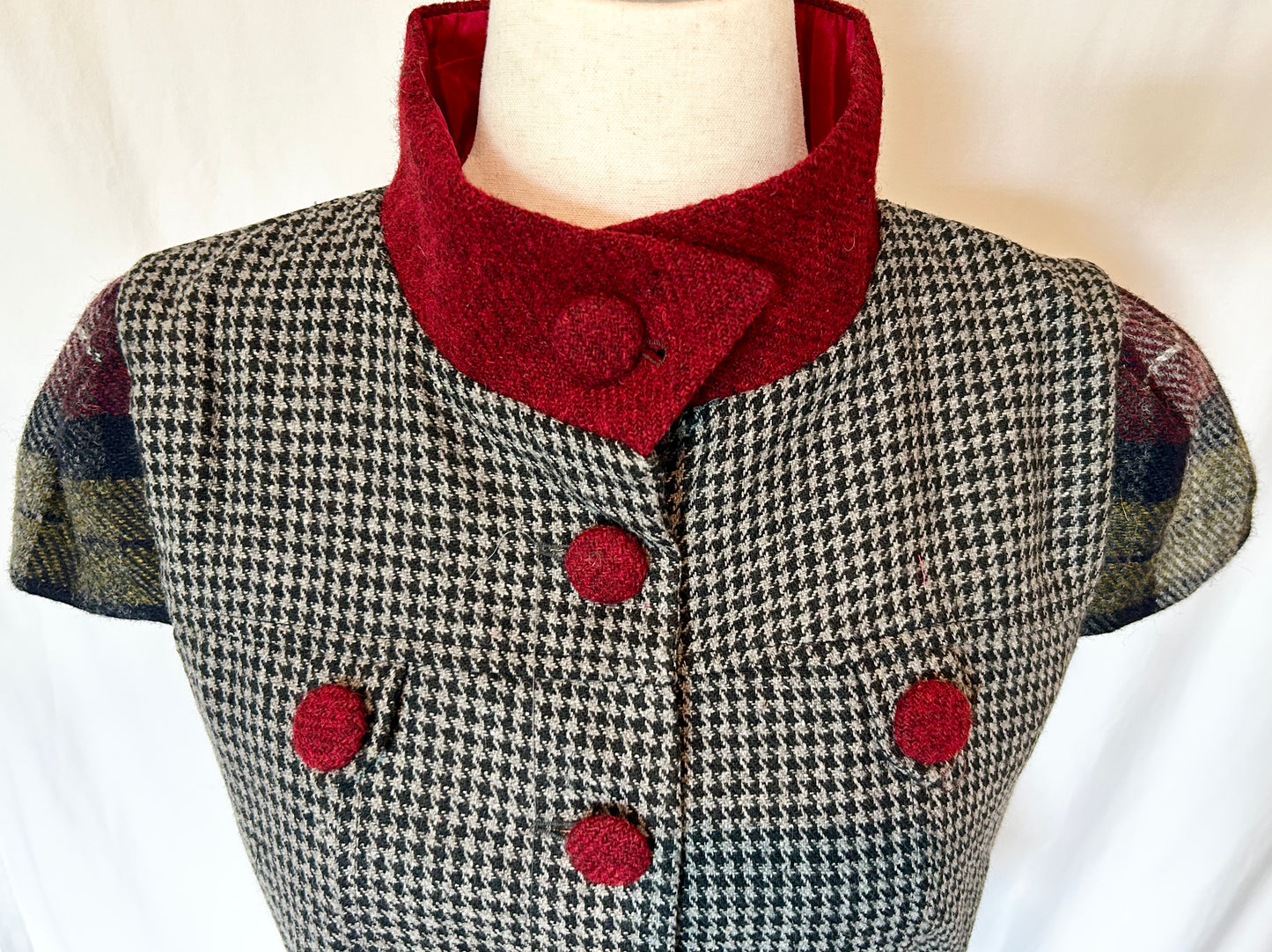 Hollyhock Jacket, Grey Harris Tweed with Burgundy Plaid accents