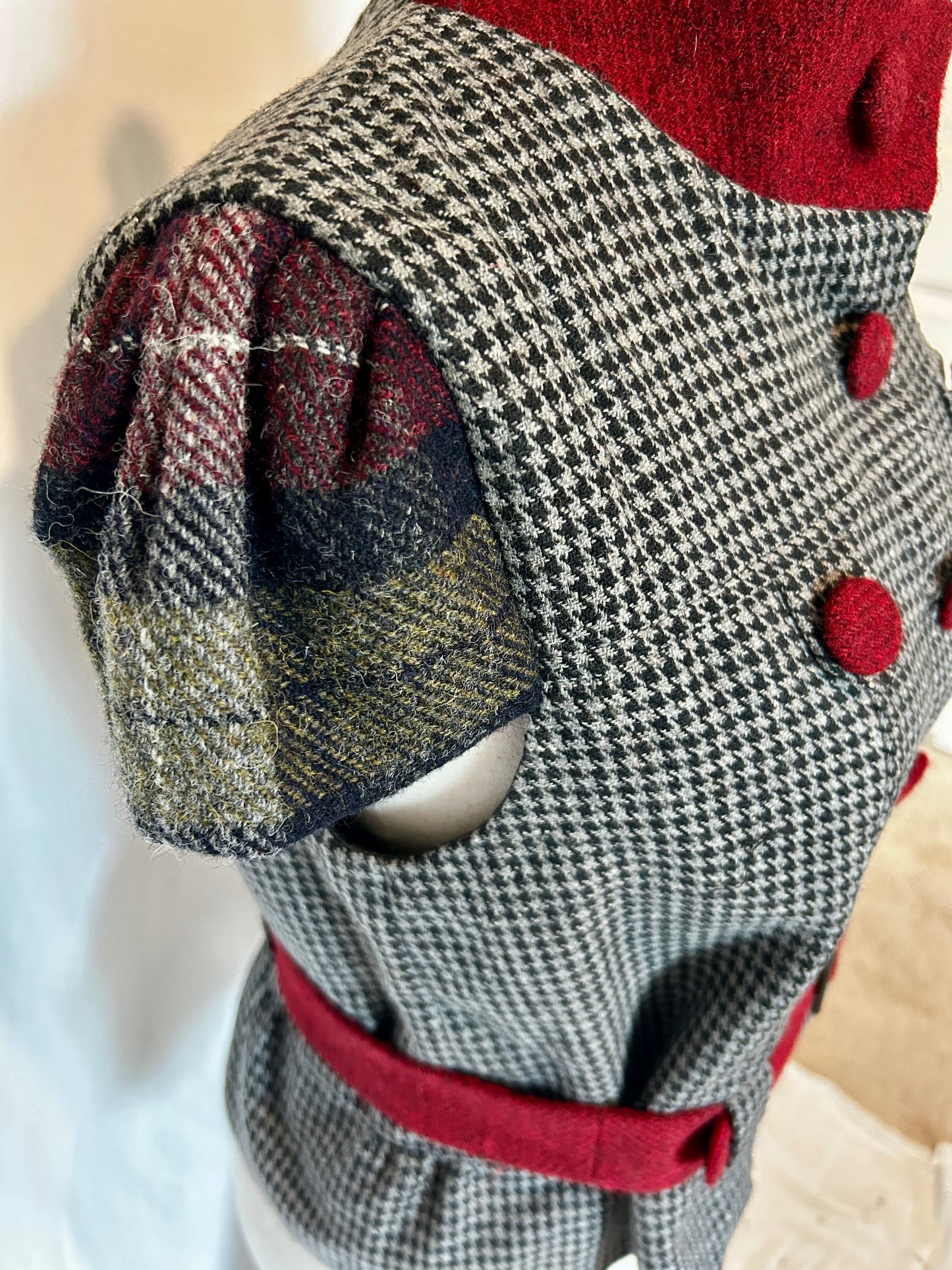Hollyhock Jacket, Grey Harris Tweed with Burgundy Plaid accents