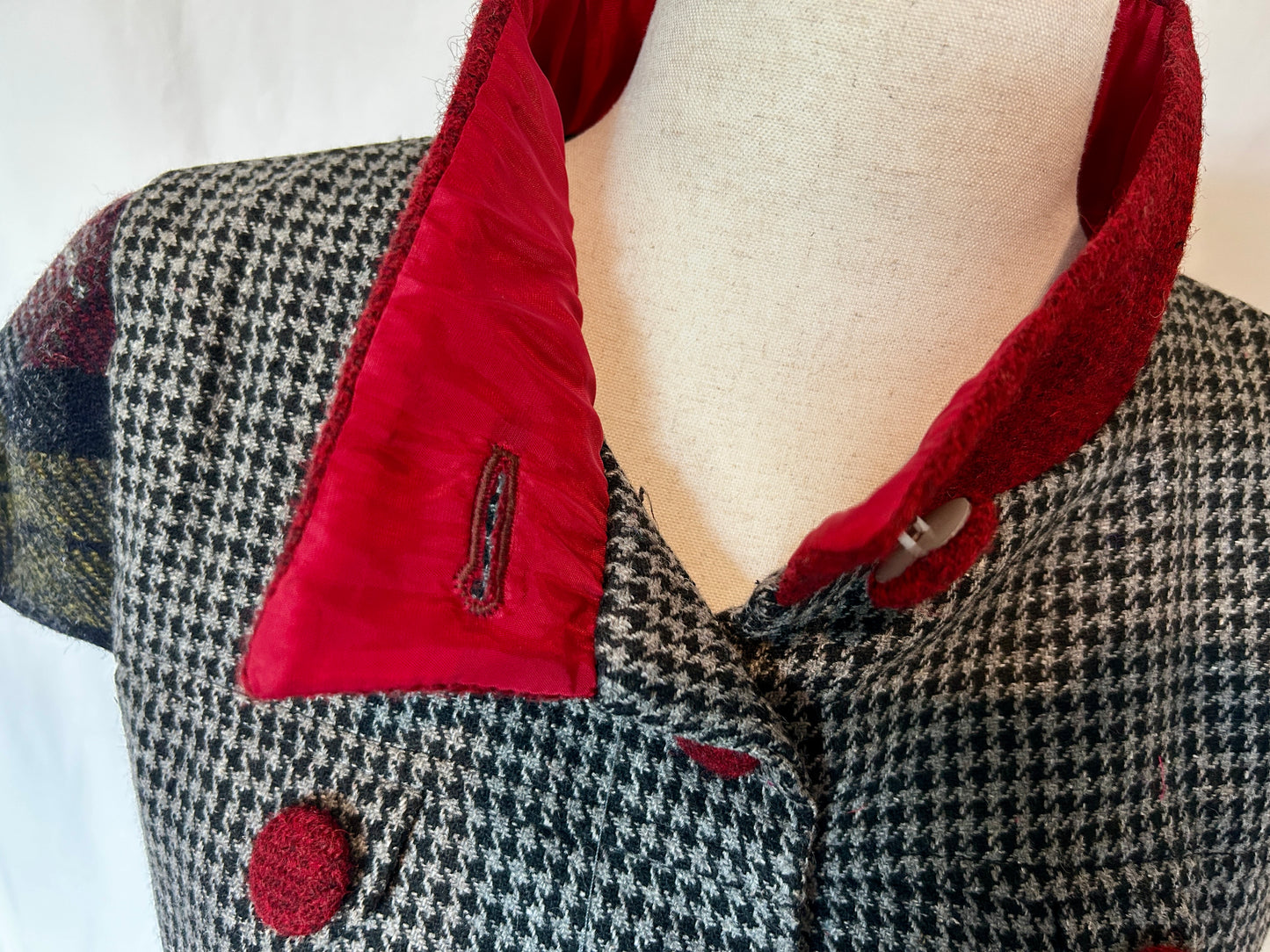 Hollyhock Jacket, Grey Harris Tweed with Burgundy Plaid accents
