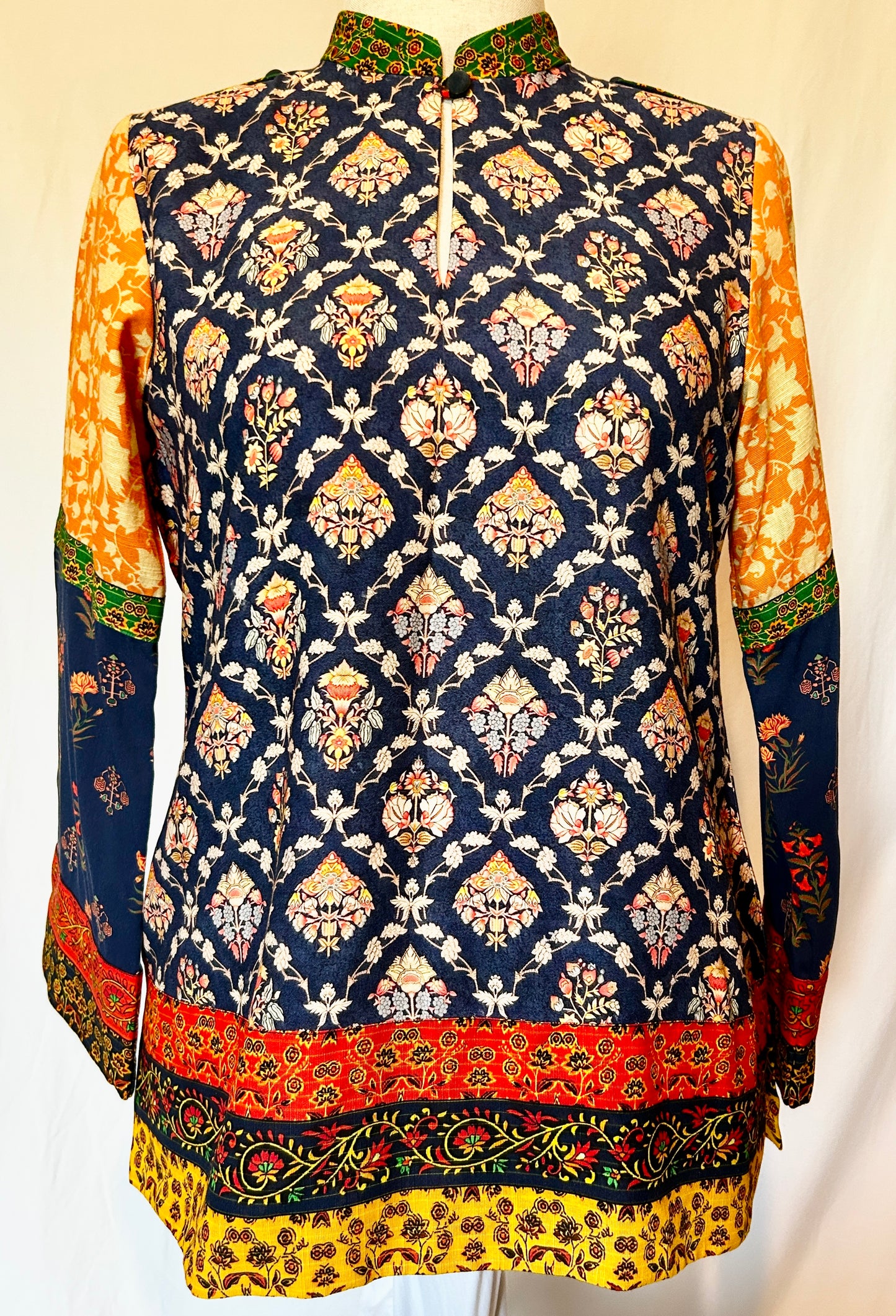 Lantana Shirt. Mix of Boho Printed Cotton in Blue & Yellow
