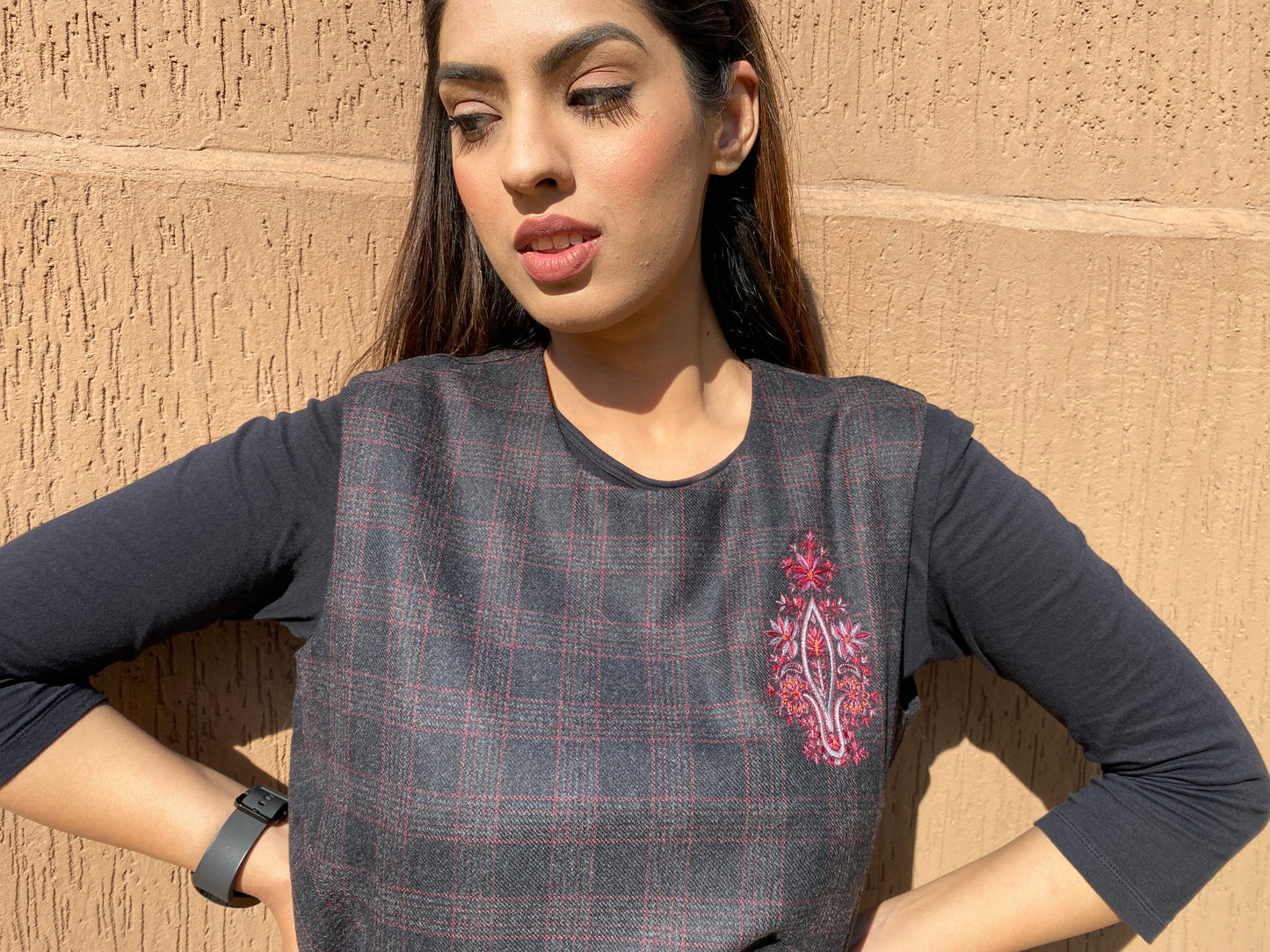 Begonia Top. Plaid pink & black tweed with hand-embroidery