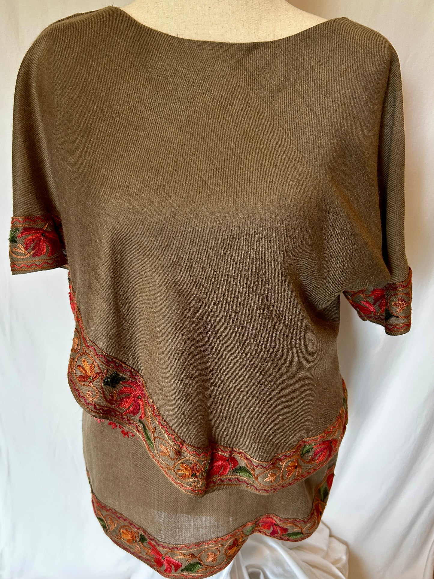 Petal Shawl Shirt in Brown Lambs Wool with Floral Kashmiri Embroidery