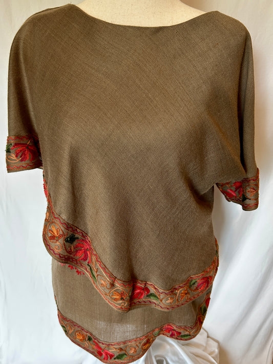 Petal Shawl Shirt in Brown Lambs Wool with Floral Kashmiri Embroidery