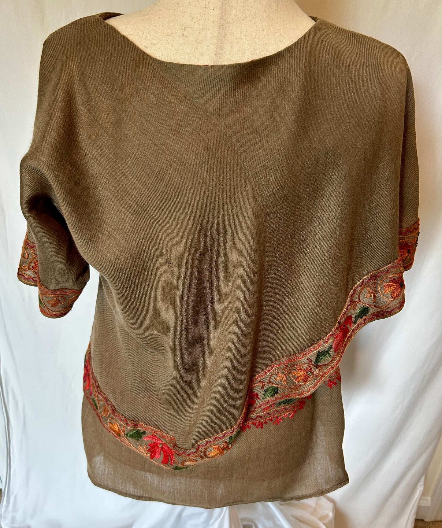 Petal Shawl Shirt in Brown Lambs Wool with Floral Kashmiri Embroidery
