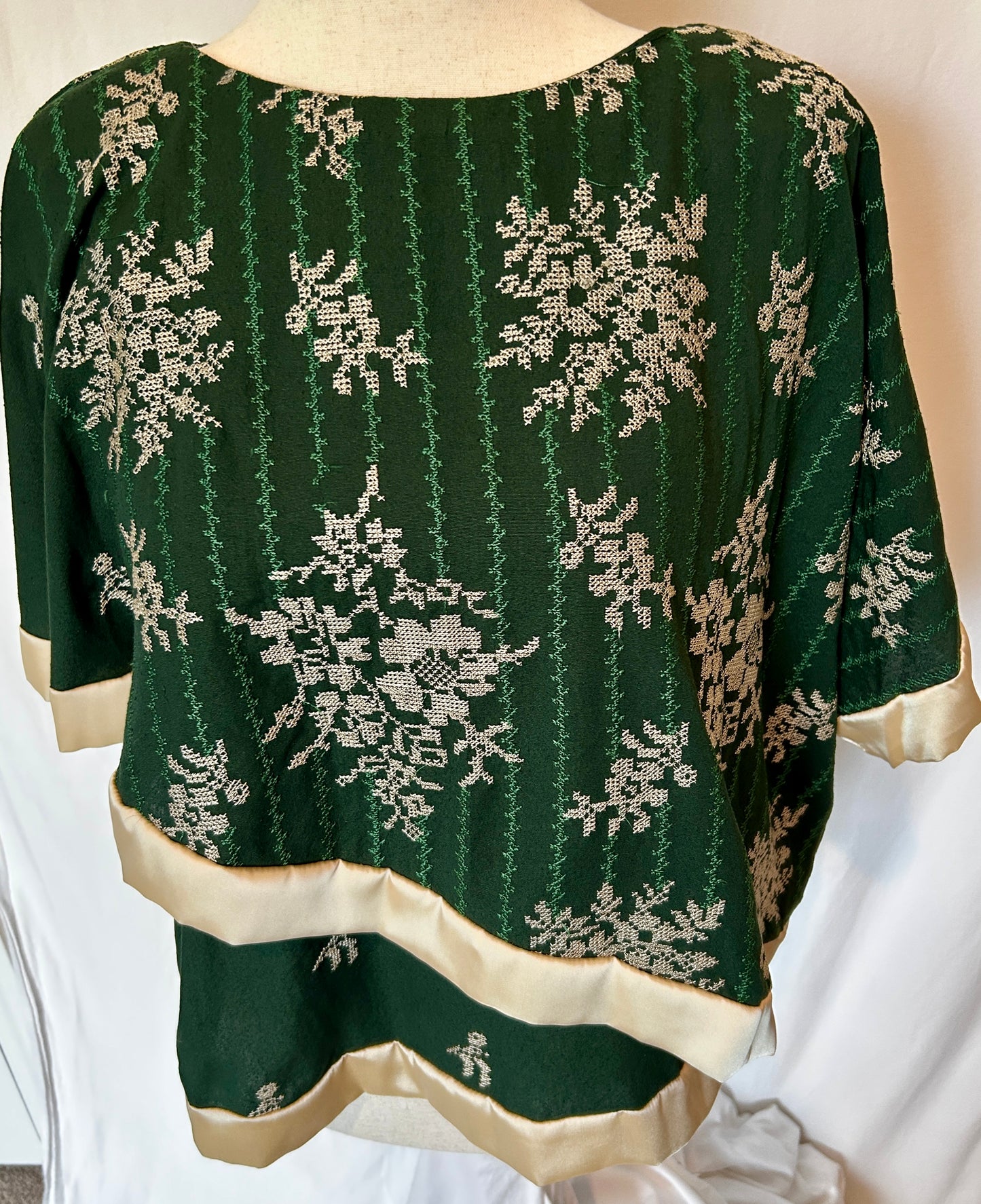 Petal Shawl Shirt in Green with White Cross-Stitch Floral Design