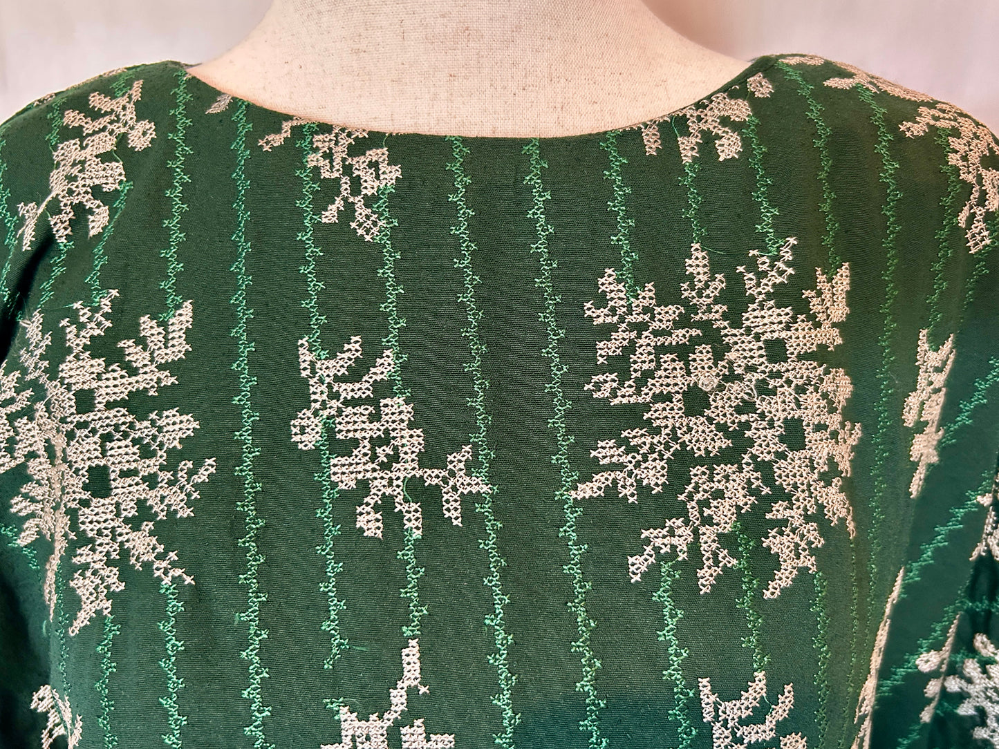 Petal Shawl Shirt in Green with White Cross-Stitch Floral Design