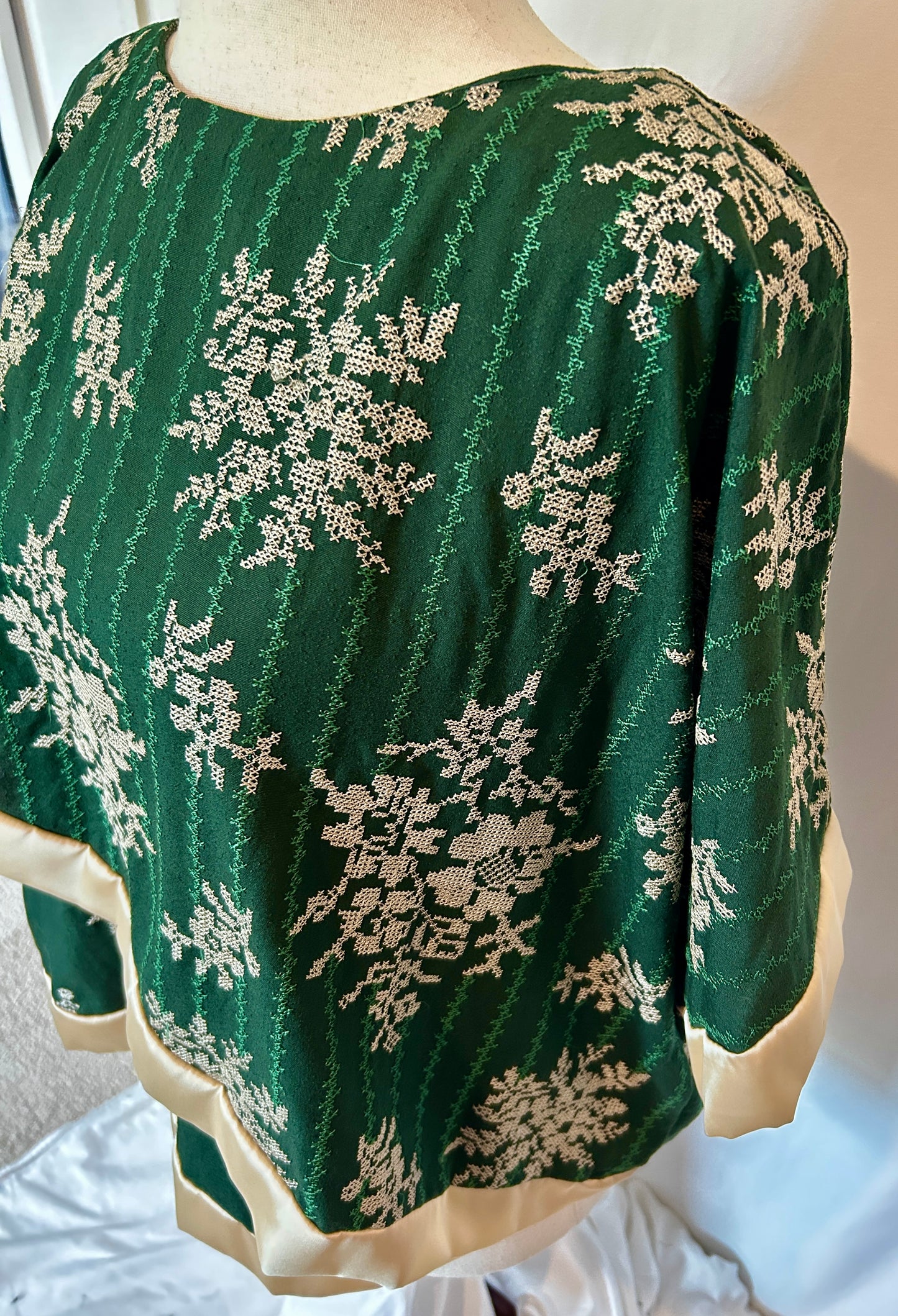 Petal Shawl Shirt in Green with White Cross-Stitch Floral Design