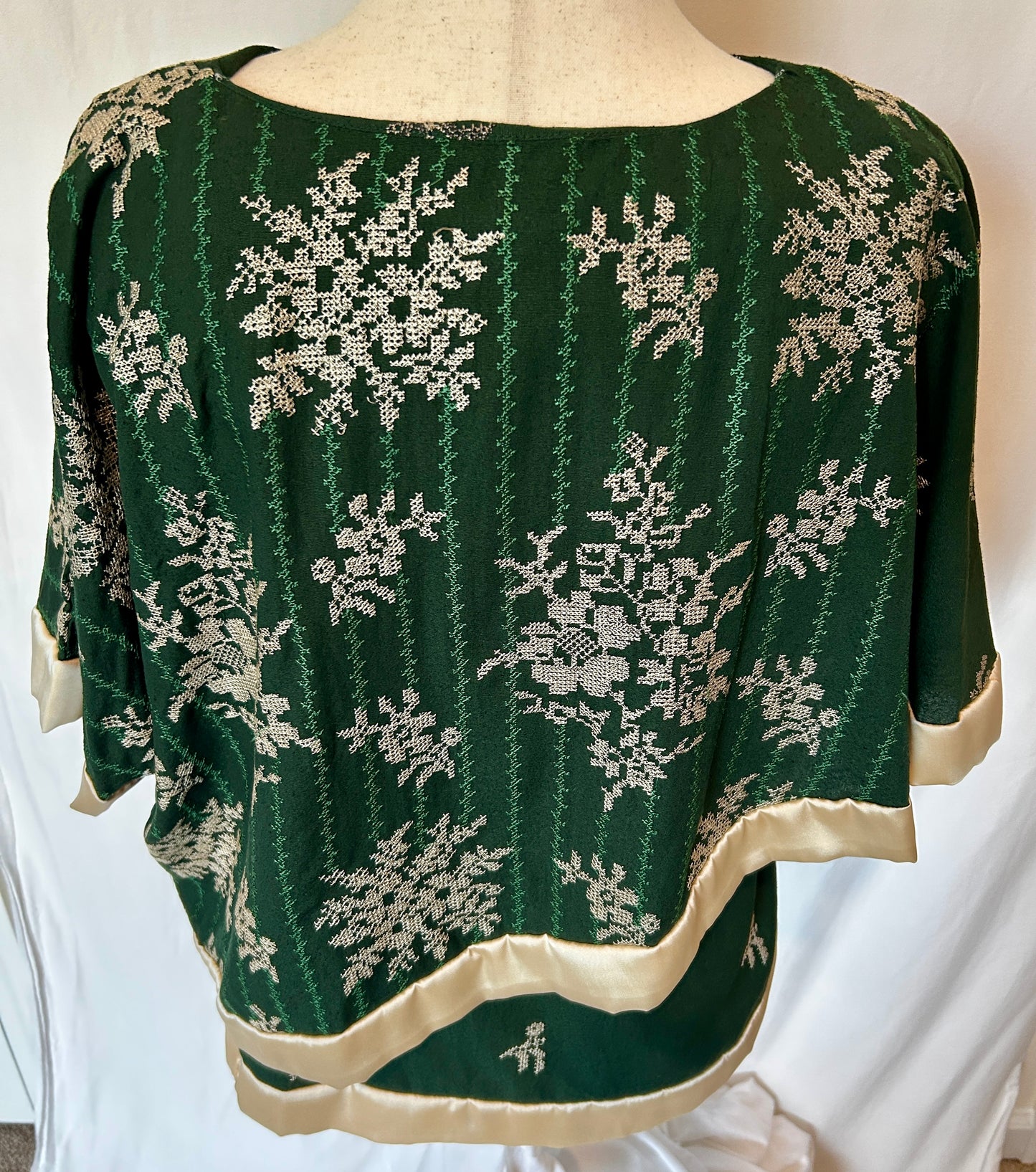 Petal Shawl Shirt in Green with White Cross-Stitch Floral Design
