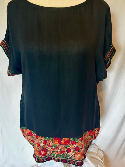 Calia Shawl Shirt in Black Lambs Wool with Floral Kashmiri Embroidery