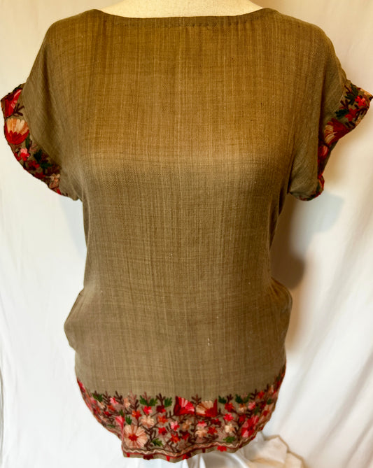 Calia Shawl Shirt in Tan Lambs Wool with Floral Kashmiri Embroidery