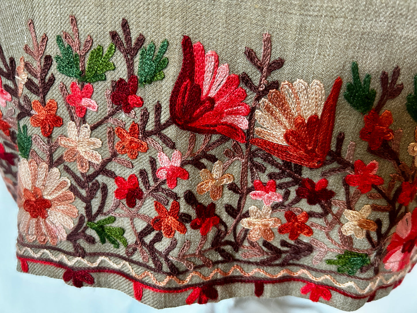 Calia Shawl Shirt in Tan Lambs Wool with Floral Kashmiri Embroidery