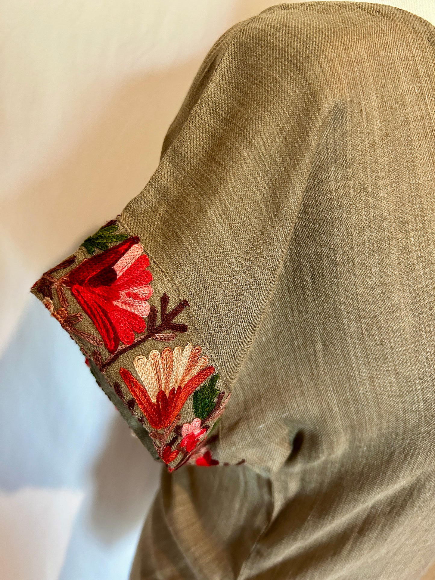 Calia Shawl Shirt in Tan Lambs Wool with Floral Kashmiri Embroidery