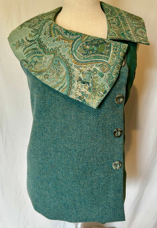 Iris Vest Harris Tweed w Corduroy and Fancy collar - Sea Blue and Green