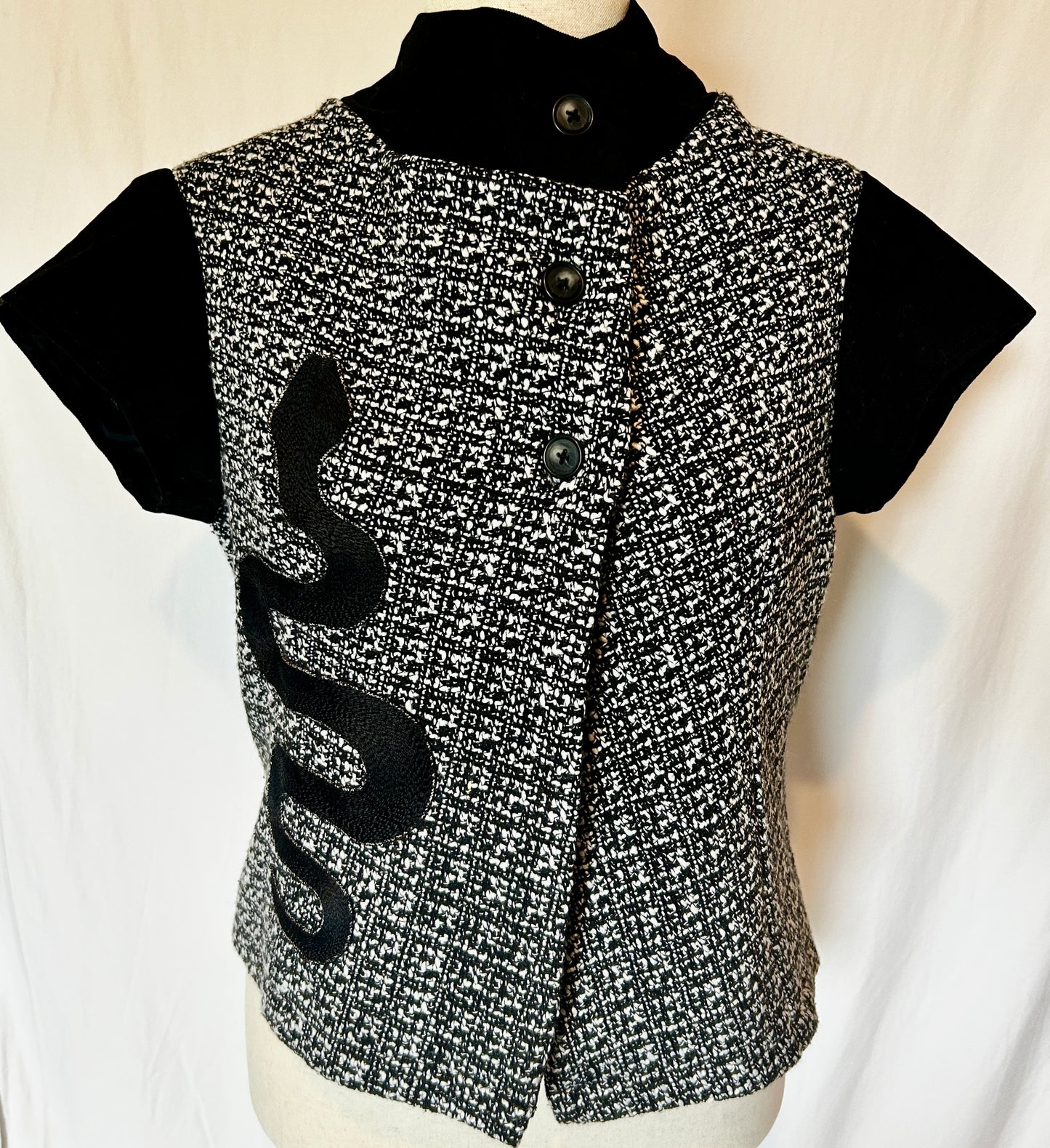 Gerbera Jacket. Black and White Bouclé (Channel Tweed) front with Black Snake embroidery