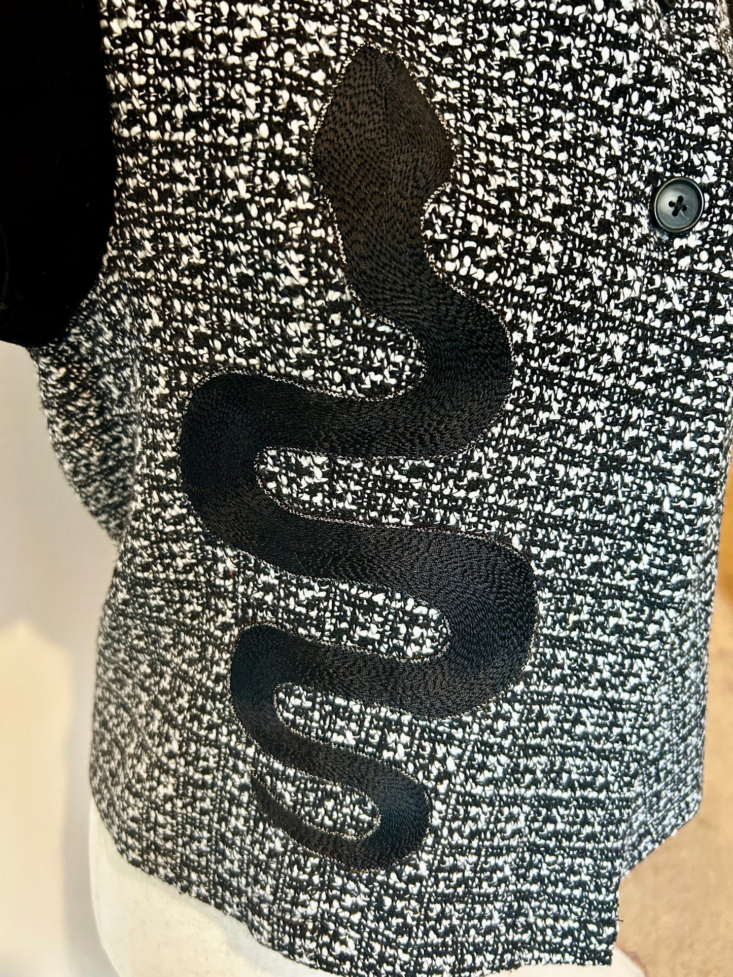 Gerbera Jacket. Black and White Bouclé (Channel Tweed) front with Black Snake embroidery