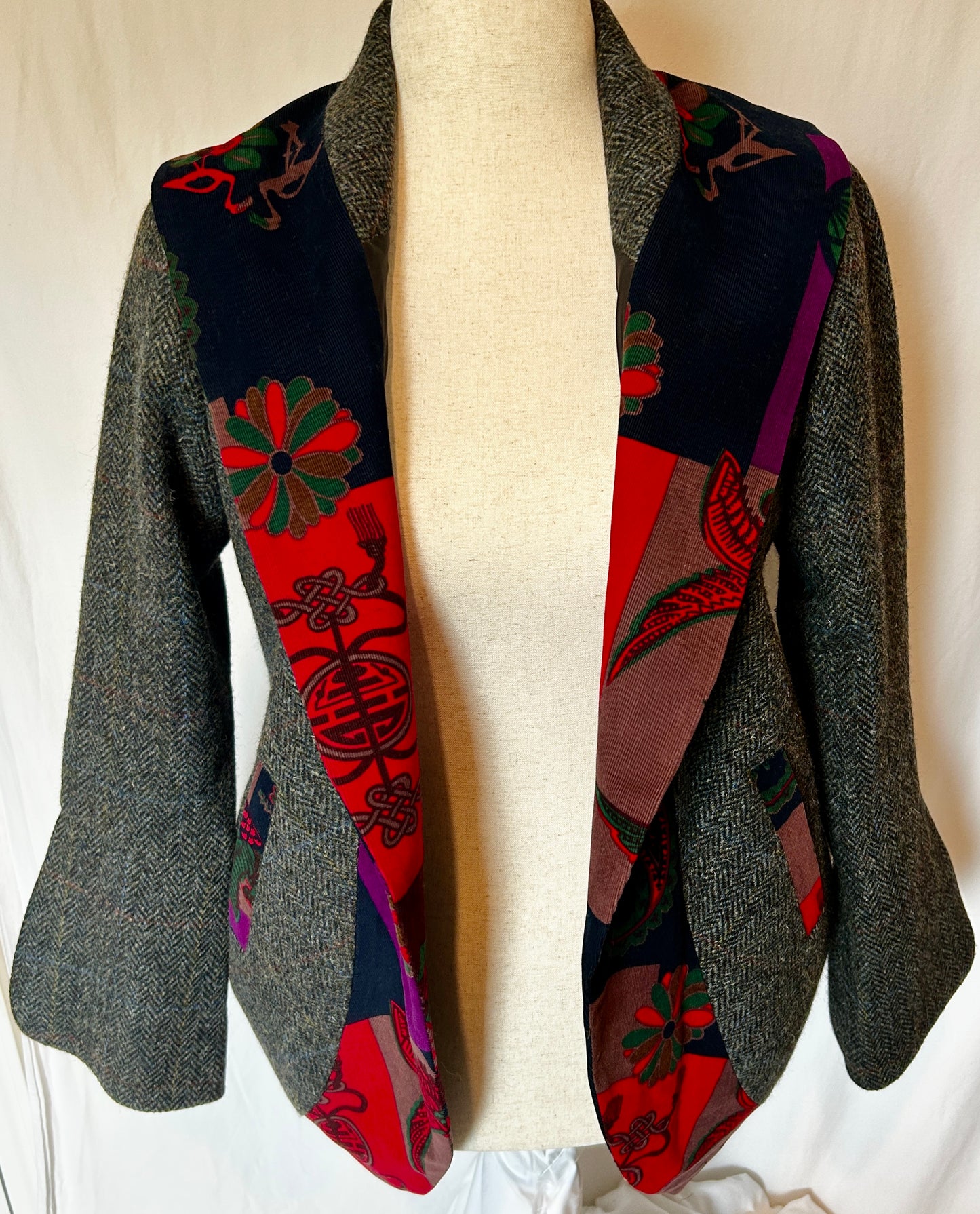 Calla Jacket in an Oriental-patterned Corduroy w Purple Harris Tweed
