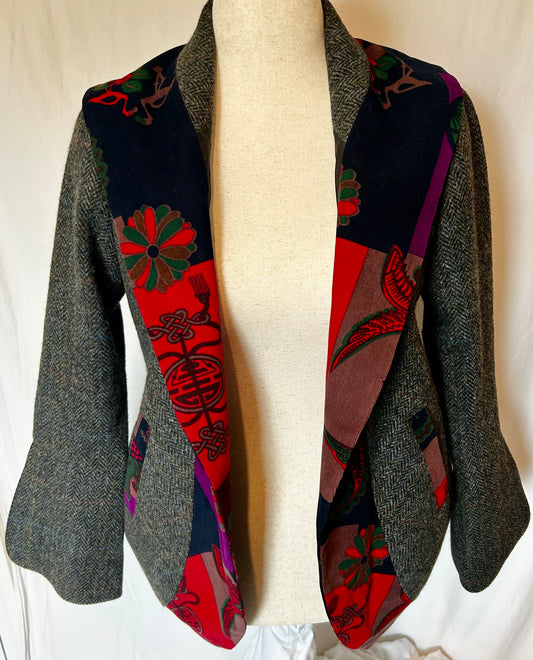Calla Jacket in an Oriental-patterned Corduroy w Purple Harris Tweed