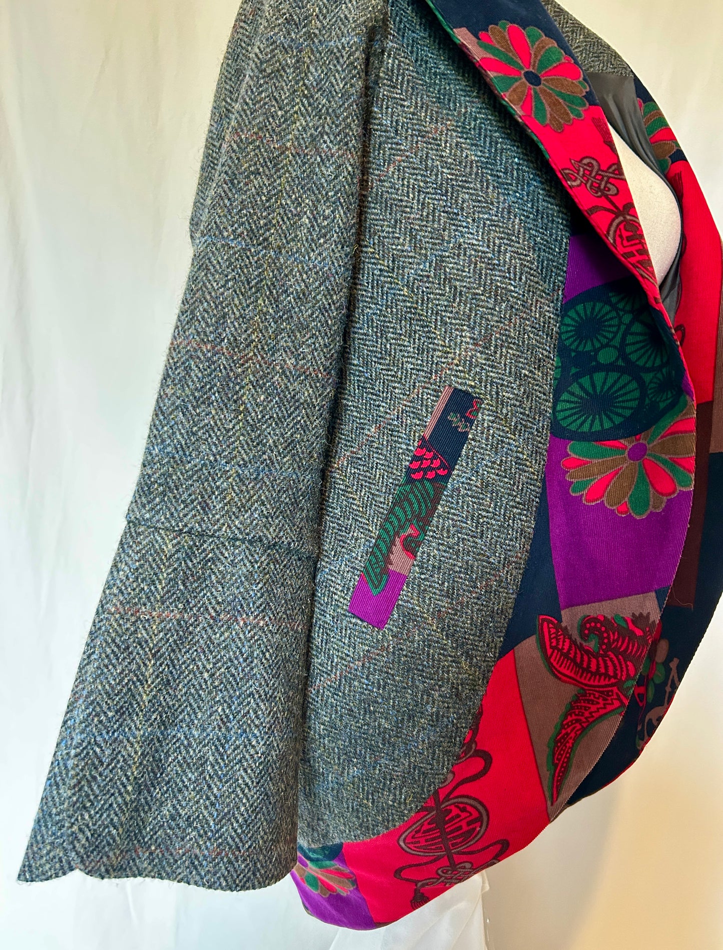 Calla Jacket in an Oriental-patterned Corduroy w Purple Harris Tweed