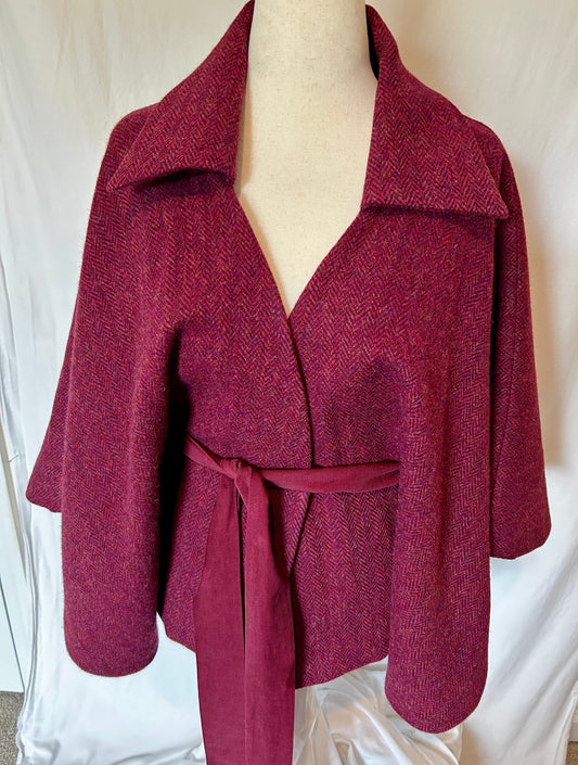 Camelia Cape with Burgundy herringbone Harris Tweed