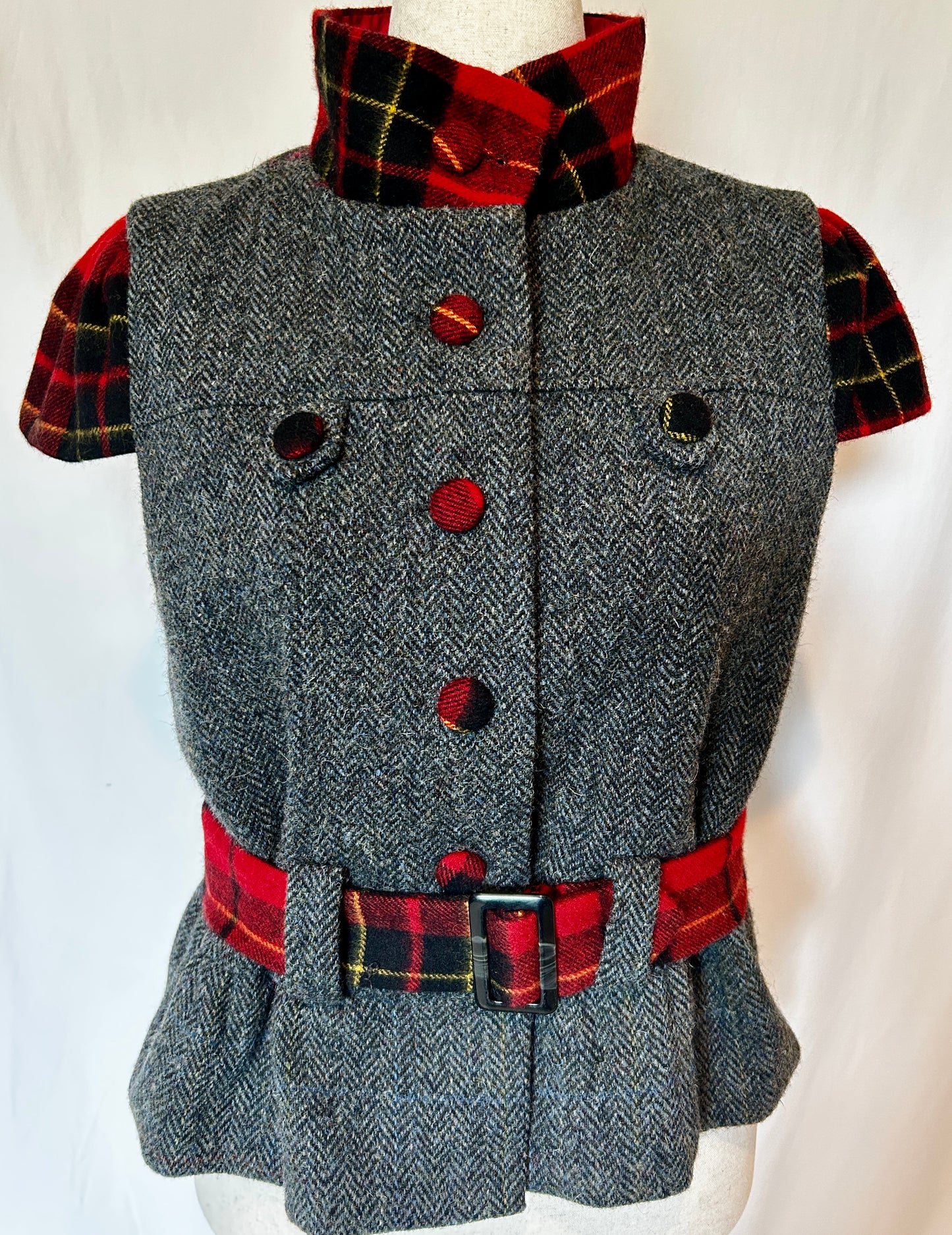 Hollyhock Jacket, Grey Harris Tweed with Red Plaid Cashmere accents