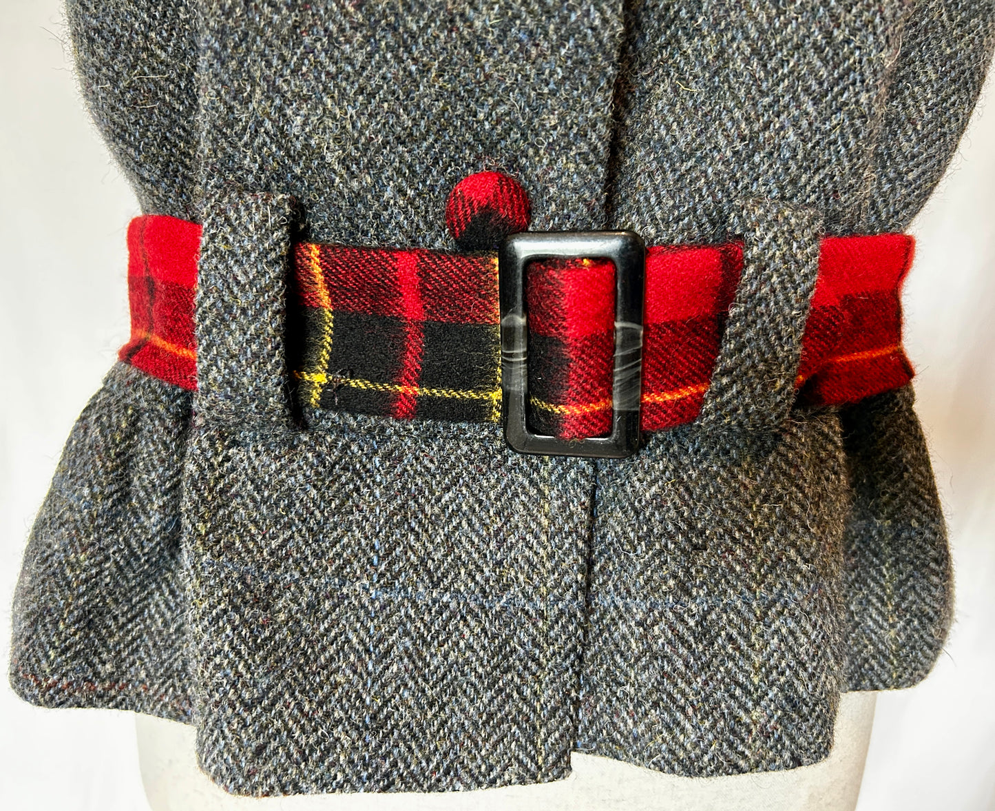 Hollyhock Jacket, Grey Harris Tweed with Red Plaid Cashmere accents