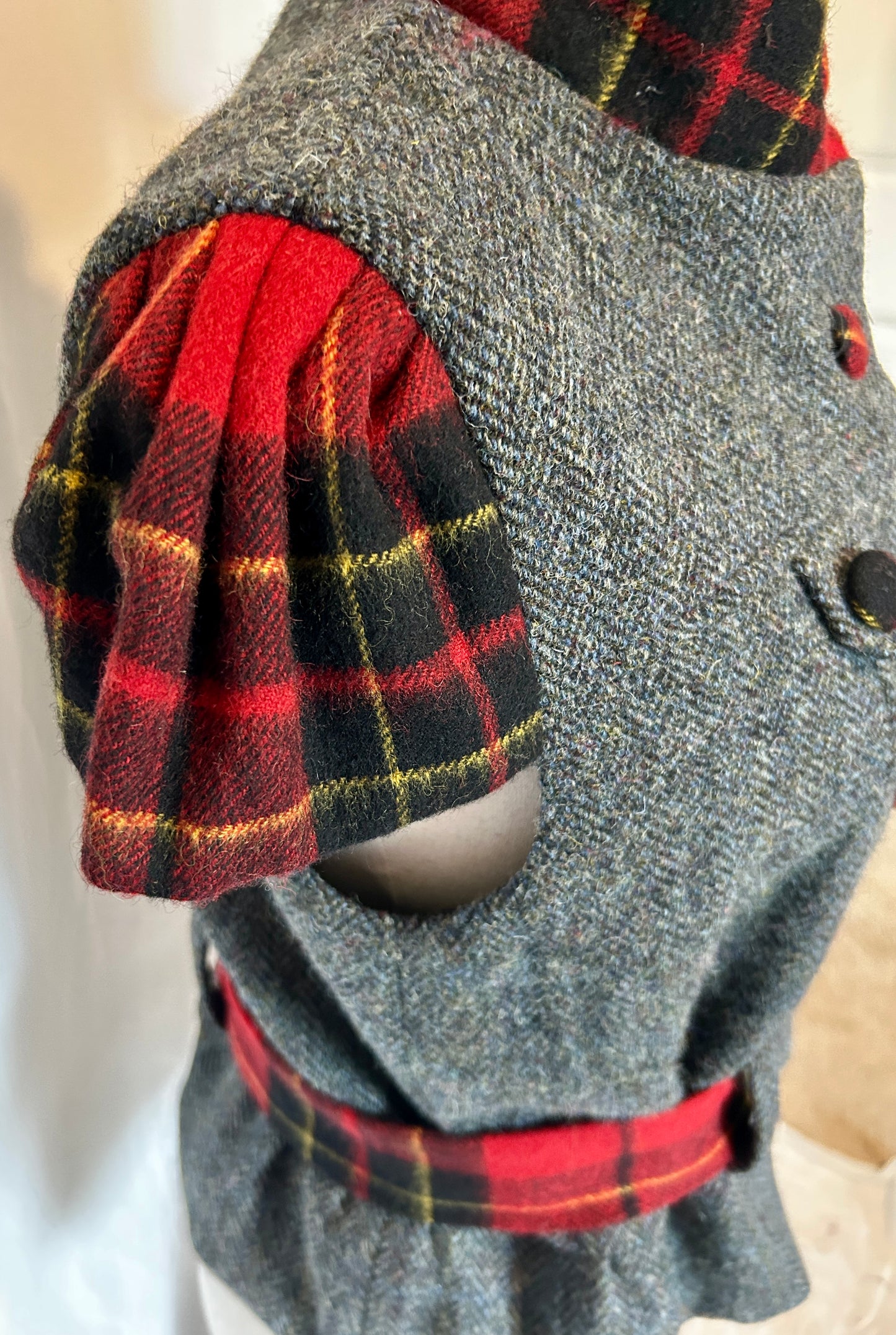 Hollyhock Jacket, Grey Harris Tweed with Red Plaid Cashmere accents
