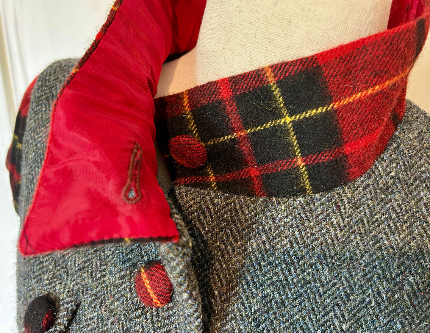 Hollyhock Jacket, Grey Harris Tweed with Red Plaid Cashmere accents