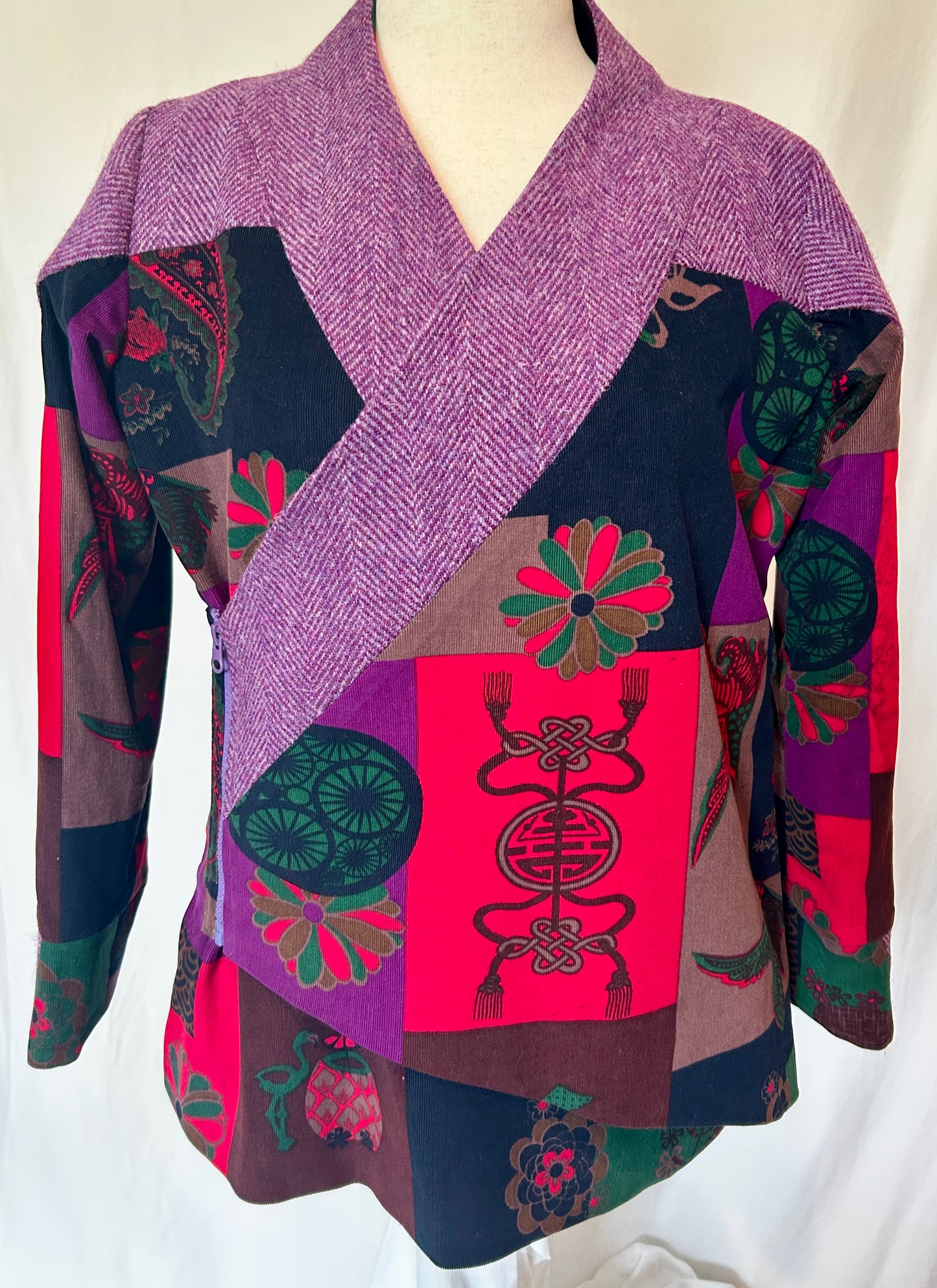 Canna Jacket in an Oriental-patterned Corduroy w Purple Harris Tweed