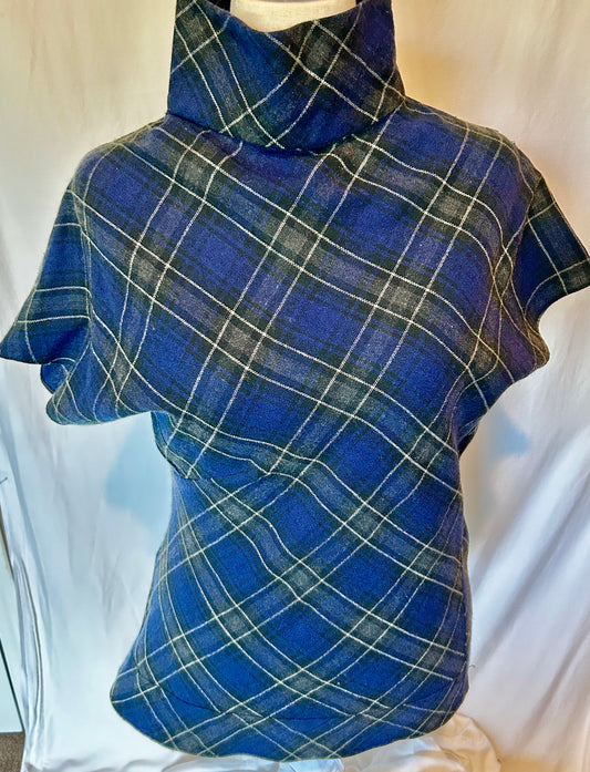 Datura Top. Assymetrical Plaid Navy & Black Light Tweed Shirt