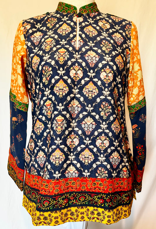Lantana Shirt. Mix of Boho Printed Cotton in Blue & Yellow