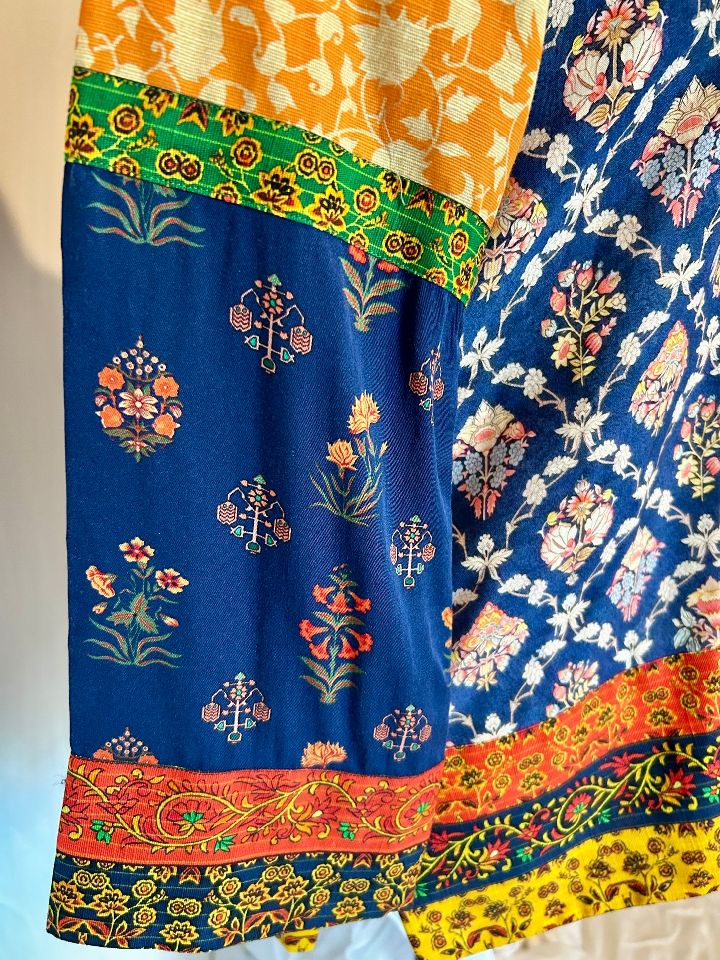 Lantana Shirt. Mix of Boho Printed Cotton in Blue & Yellow