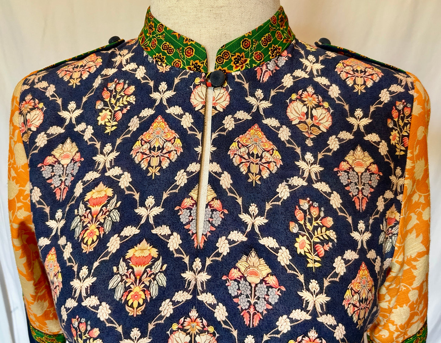 Lantana Shirt. Mix of Boho Printed Cotton in Blue & Yellow