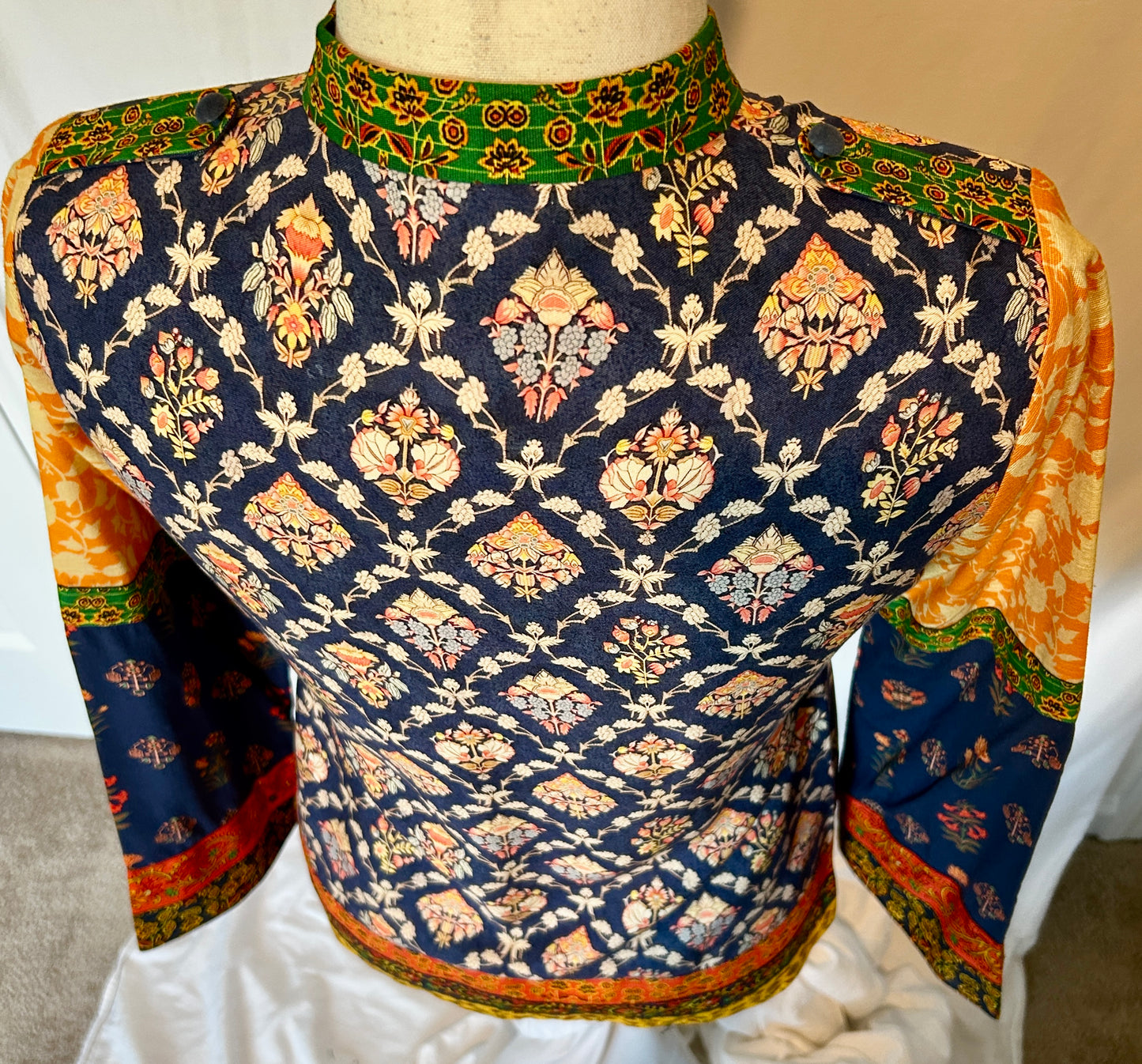 Lantana Shirt. Mix of Boho Printed Cotton in Blue & Yellow