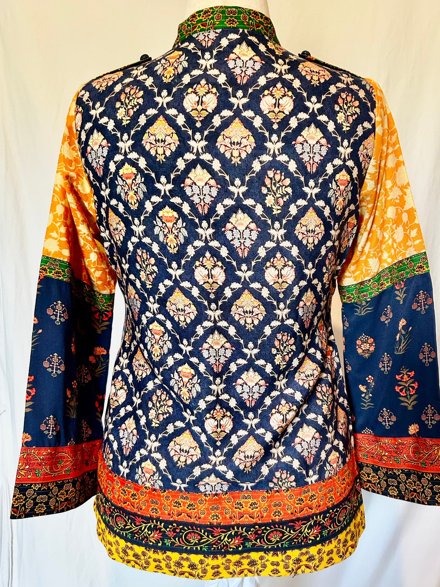 Lantana Shirt. Mix of Boho Printed Cotton in Blue & Yellow