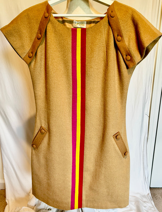 Treasure Dress.  A Cashmere Wool dress in Camel w Harris Tweed Stripes