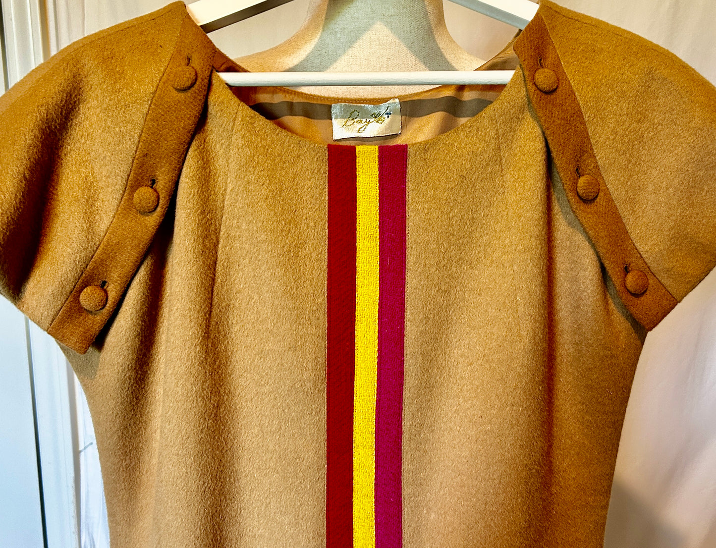Treasure Dress.  A Cashmere Wool dress in Camel w Harris Tweed Stripes
