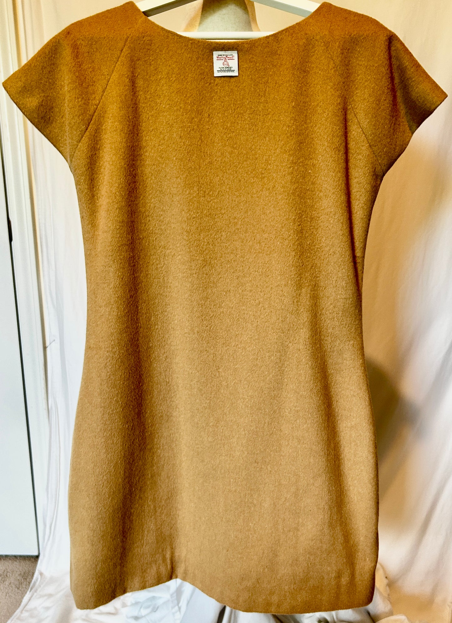 Treasure Dress.  A Cashmere Wool dress in Camel w Harris Tweed Stripes