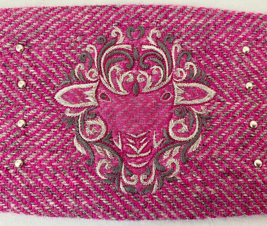 Lotus Belt with Pink & Gray Harris Tweed & Hand Embroidery - Fancy Sheep Face