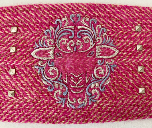 Lotus Belt with Pink Harris Tweed & Hand Embroidery - Fancy Sheep Face