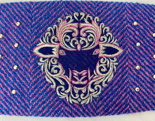 Lotus Belt with Blue & Pink Harris Tweed & Hand Embroidery - Fancy Sheep Face