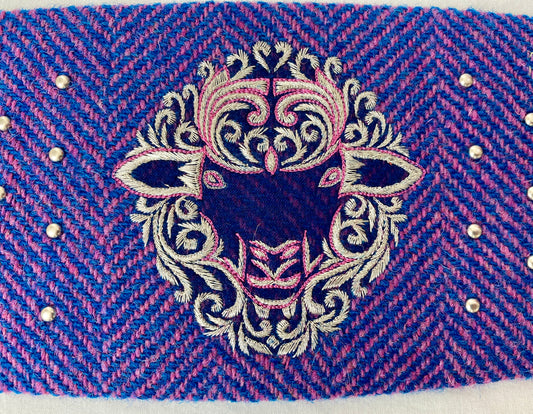 Lotus Belt with Blue & Pink Harris Tweed & Hand Embroidery - Fancy Sheep Face