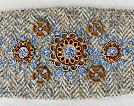 Lotus Belt with Harris Tweed & Hand Embroidery - Light Blue