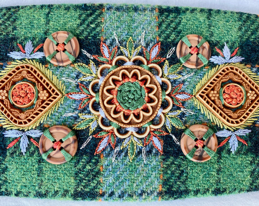 Lotus Belt with Harris Tweed & Superior Hand Embroidery - Green Plaid