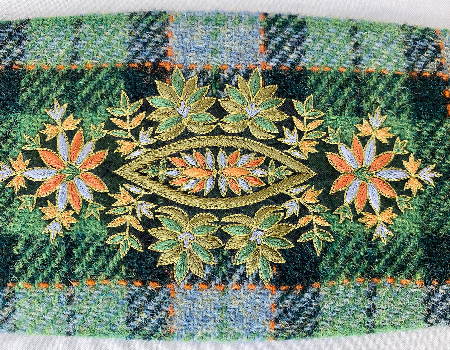 Lotus Belt with Harris Tweed & Intricate Hand Embroidery - Green Plaid
