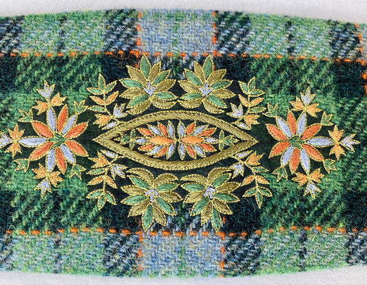 Lotus Belt with Harris Tweed & Intricate Hand Embroidery - Green Plaid